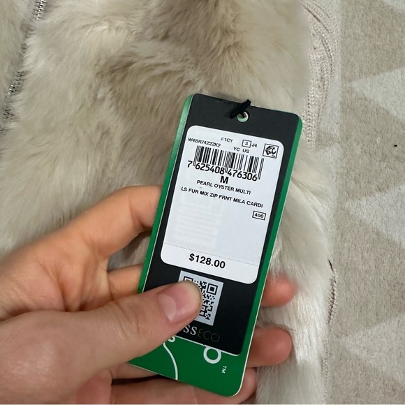 Guess Women's Long Sleeve Fur Mix Zip Front Mila Cardigan Pearl oyster - Picture 7 of 7